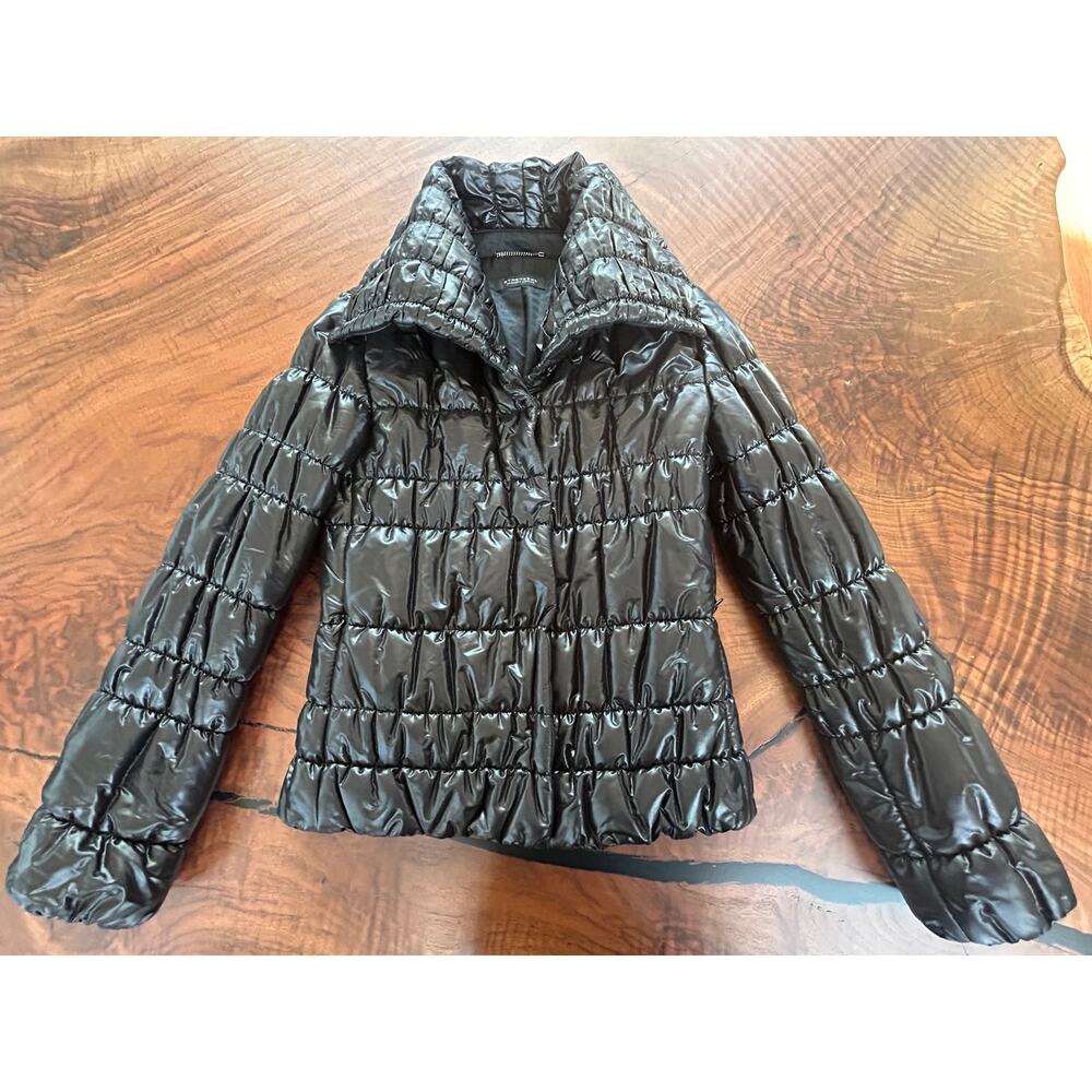 Strenesse Gabriele Strehle Black Shiny Ruched Puffer Jacket DE 34 US 2 XS Small